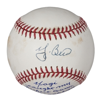Yogi Berra and Don Larsen Dual Signed AOL Brown Baseball with Inscription by Larsen (PSA/DNA)